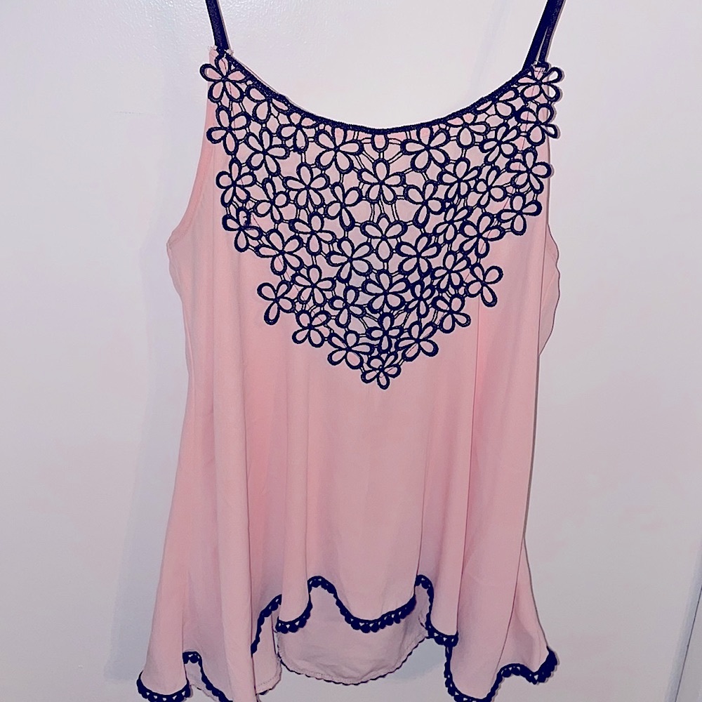 Francesca’s pink tank with black flowers